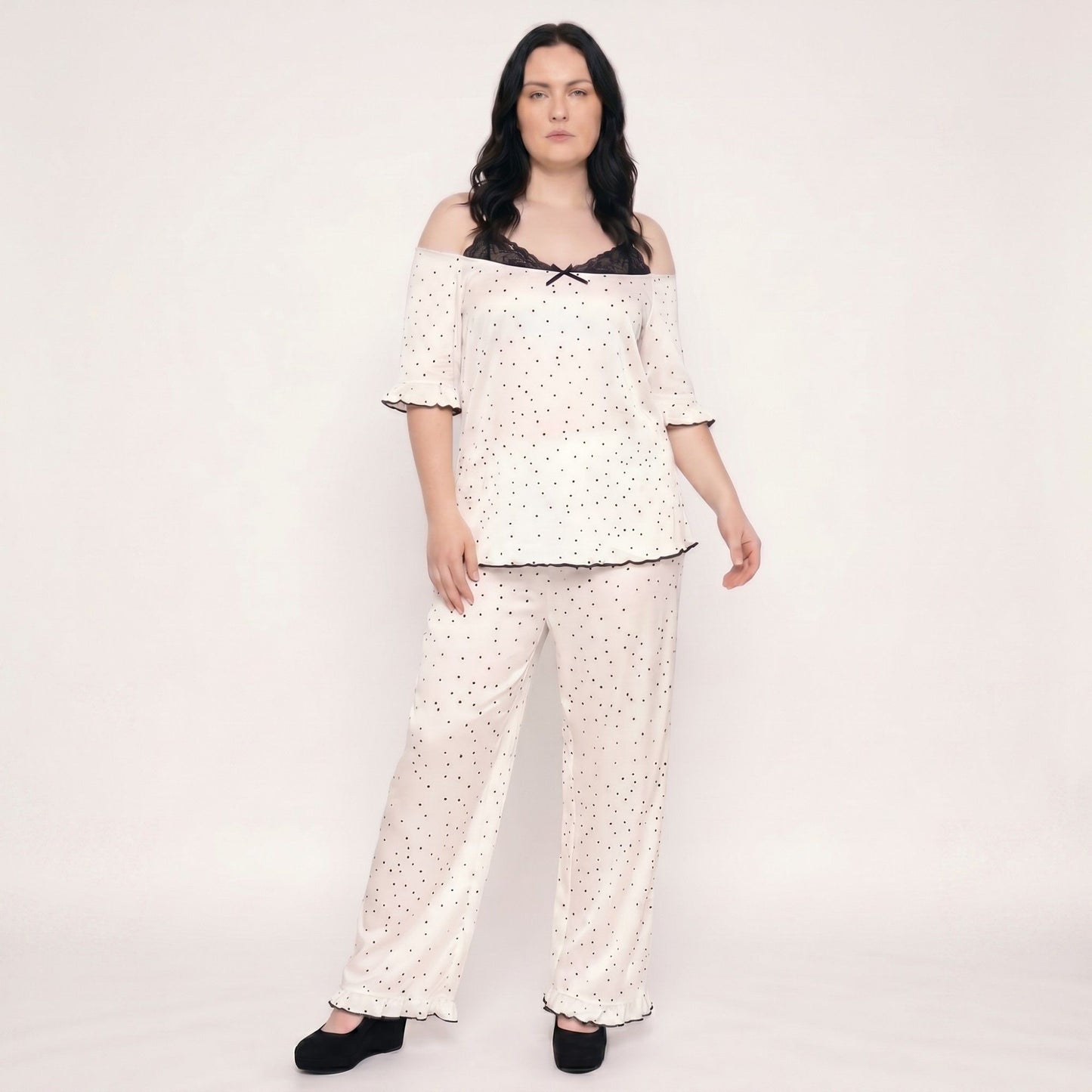 Plus Size 2-Piece Polka Dot Off Shoulder Pajama Top and Wide Leg Pants Sleepwear Lounge Set