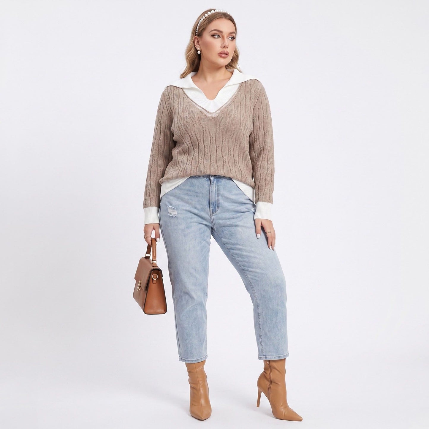 Plus Size Cable Knit Contrast Collar V-Neck Sweater