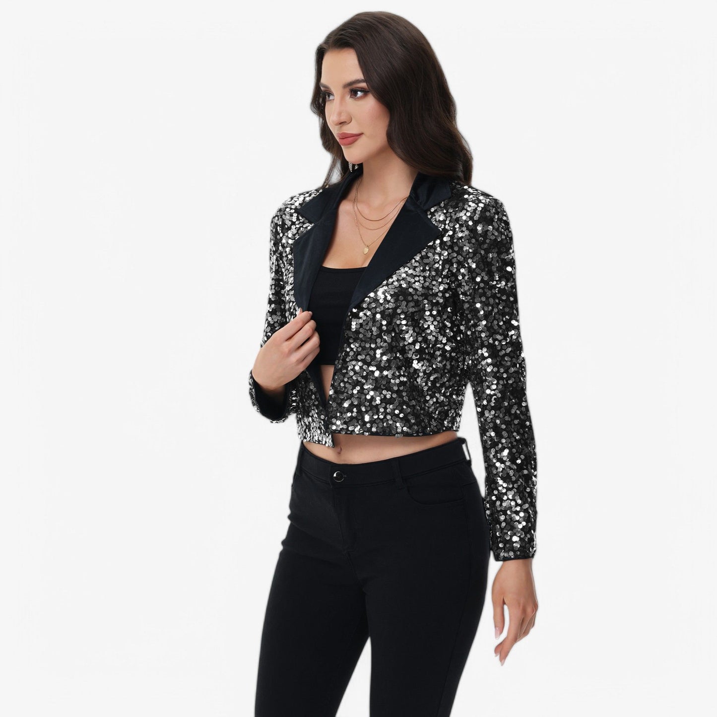 Sequin Cropped Blazer Long Sleeve Sparkly Open Front Jacket