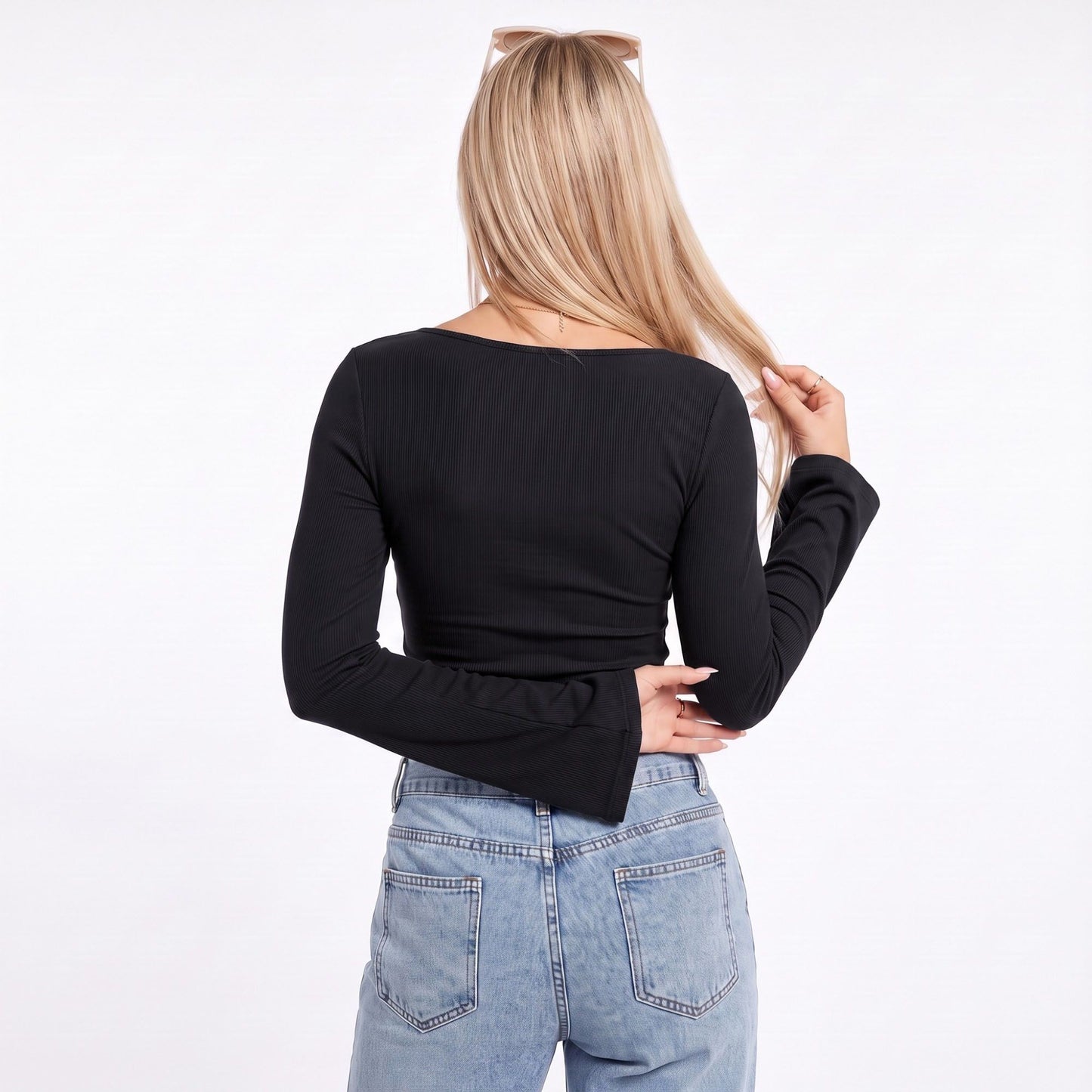 Ribbed Boat Neck Bell Sleeve Crop Top