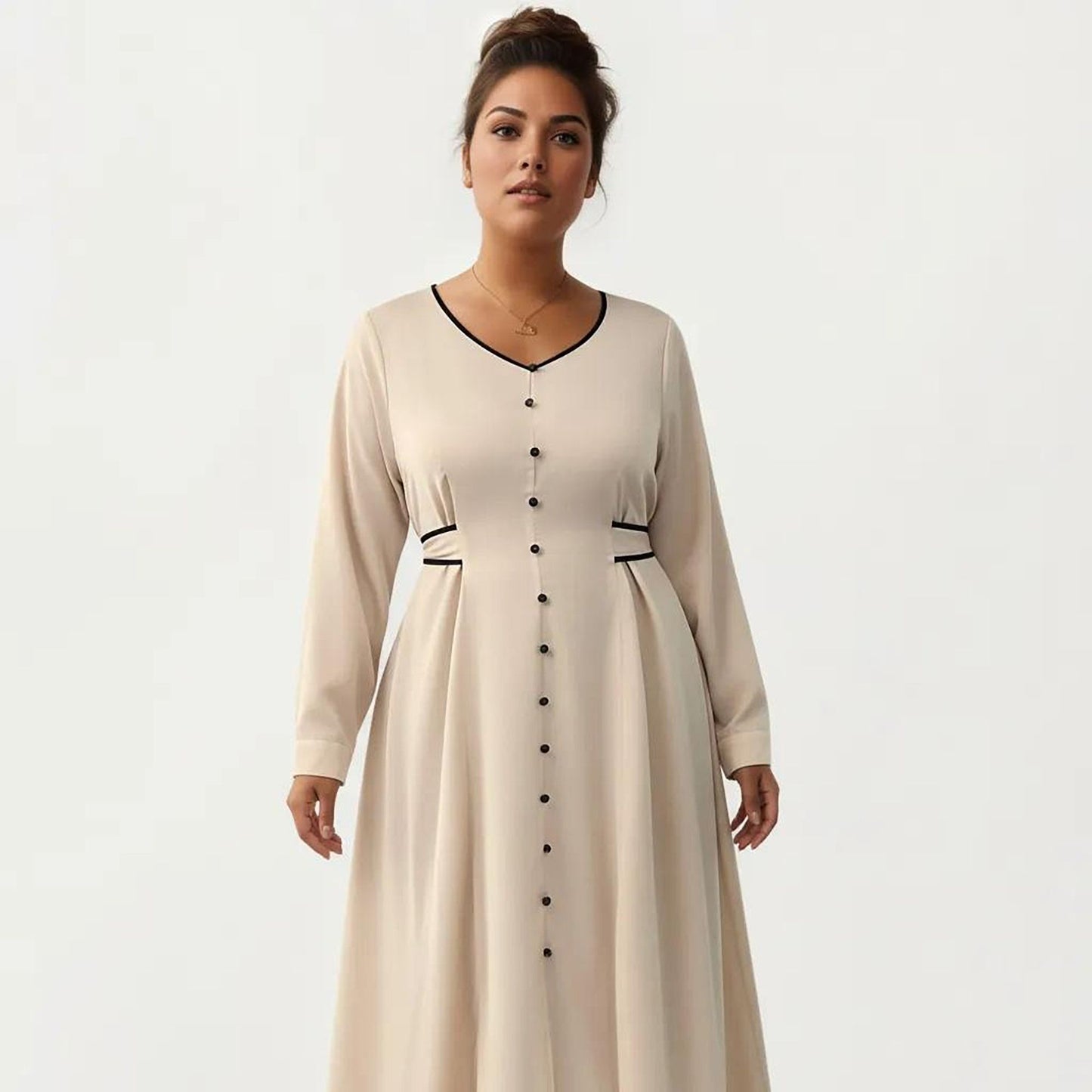 Plus Size Long Sleeve Button Front Maxi Dress with V Neckline Contrast Trim and Defined Waist Detail