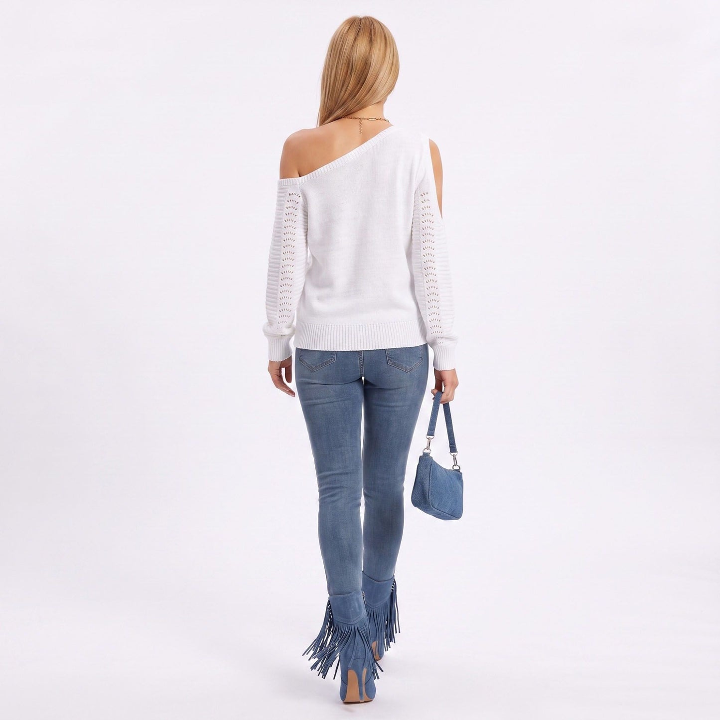 One Shoulder Cold Shoulder Pointelle Knit Long Sleeve Sweater