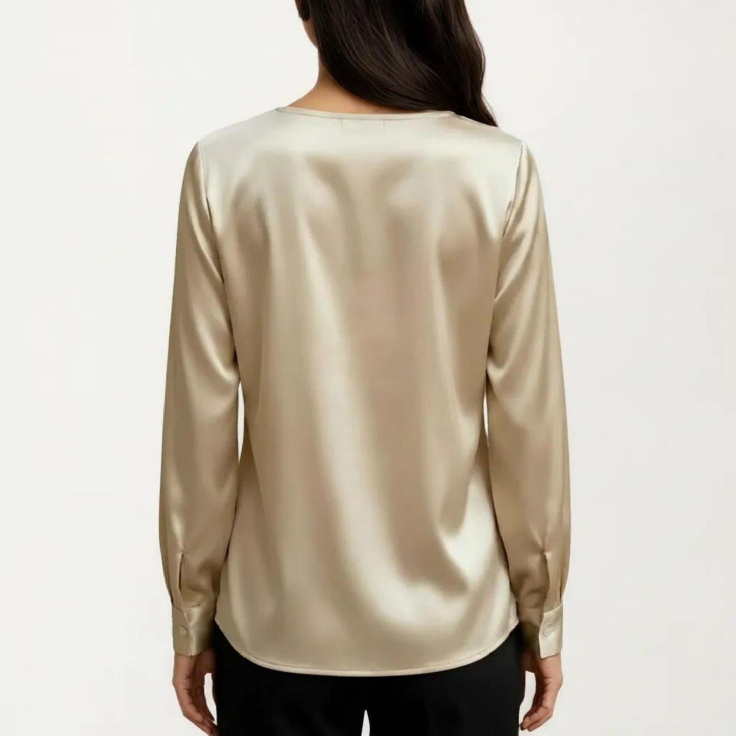 Satin V-Neck Blouse with Long Balloon Sleeves and Wide Cuffs