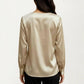 Satin V-Neck Blouse with Long Balloon Sleeves and Wide Cuffs