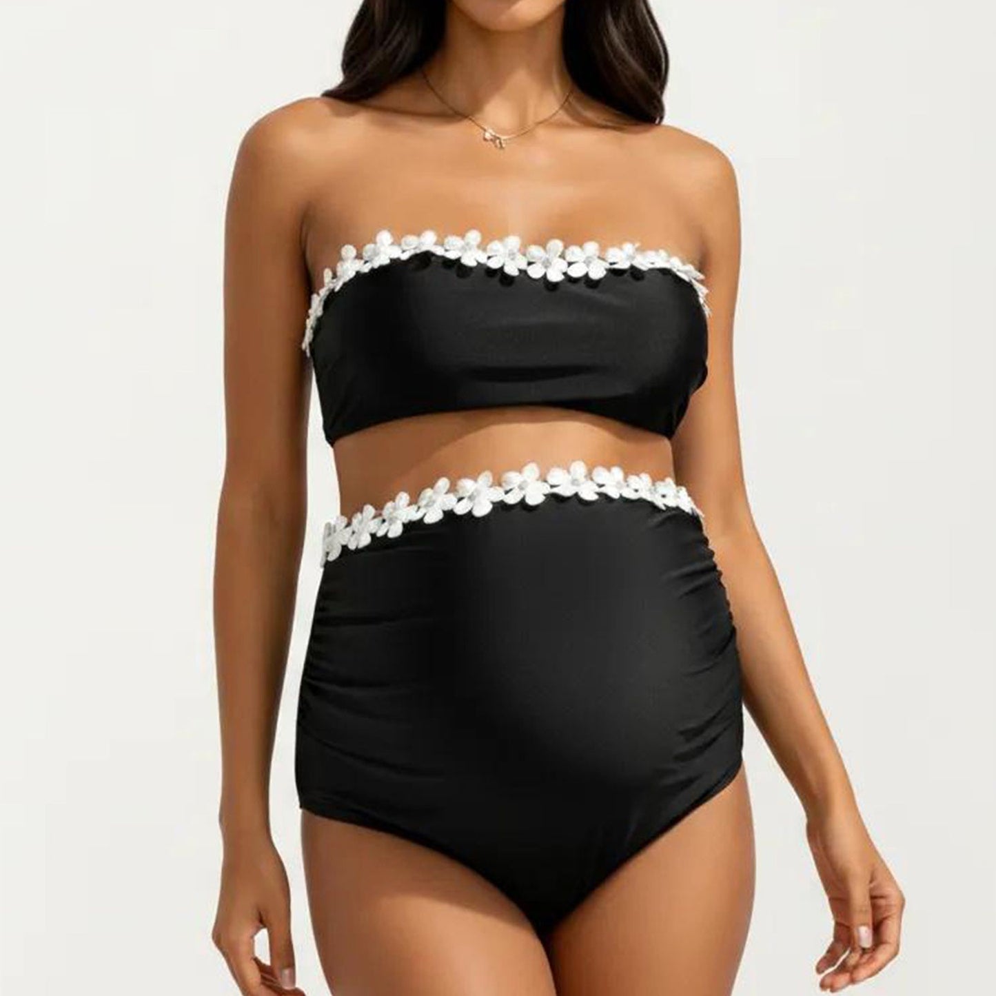 Maternity Bandeau Two-piece Swimsuit with Floral Trim and High-Waisted Bottom