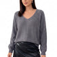 V-Neck Open-Back Tie Long Sleeve Knit Sweater
