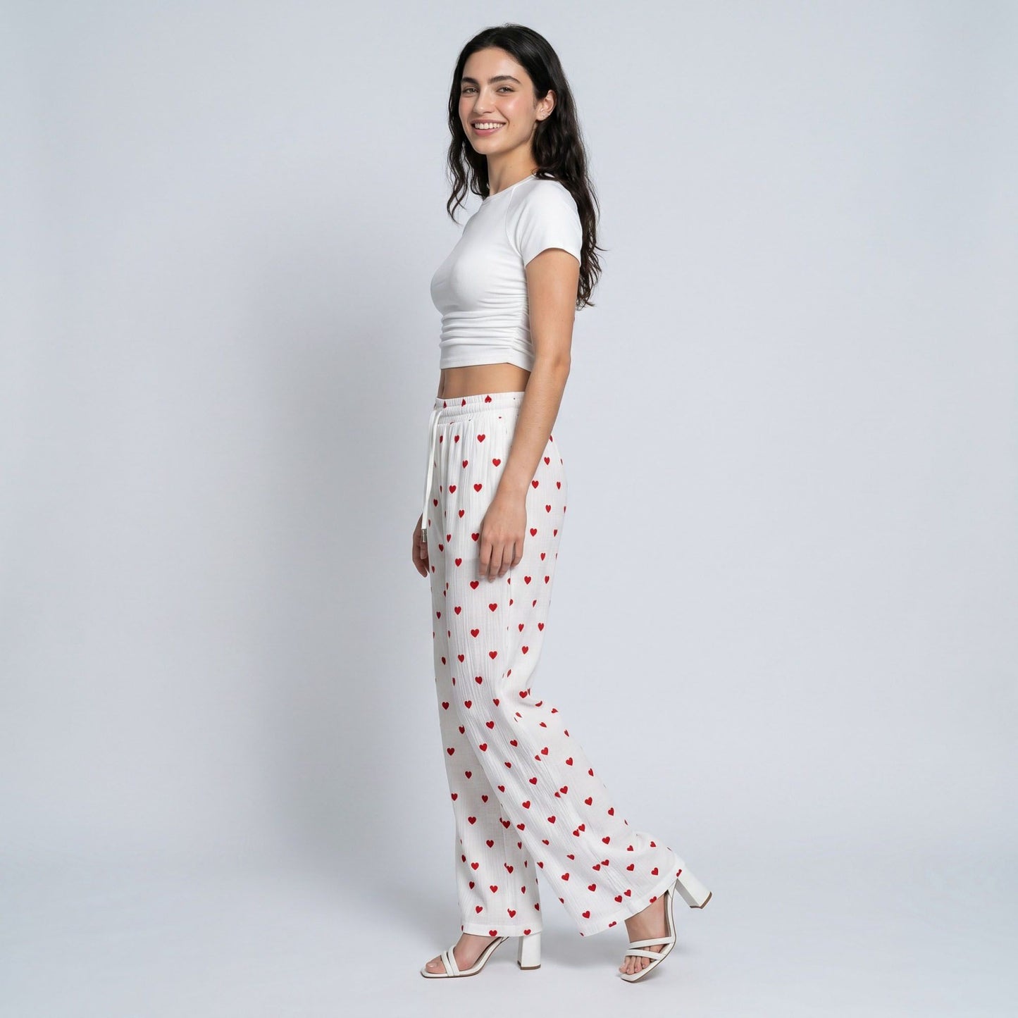 Heart Print Wide Leg Lounge Pants Elastic Drawstring Waist Casual Trousers with Pockets