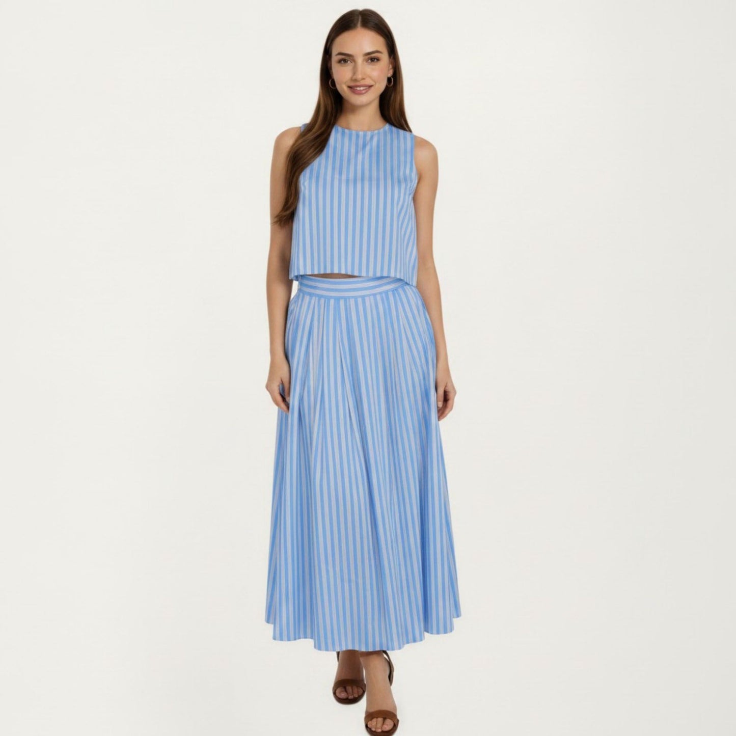 Sleeveless Striped Two Piece Set Crop Top and Midi Skirt with Back Button Detail Flowy High Waist Set