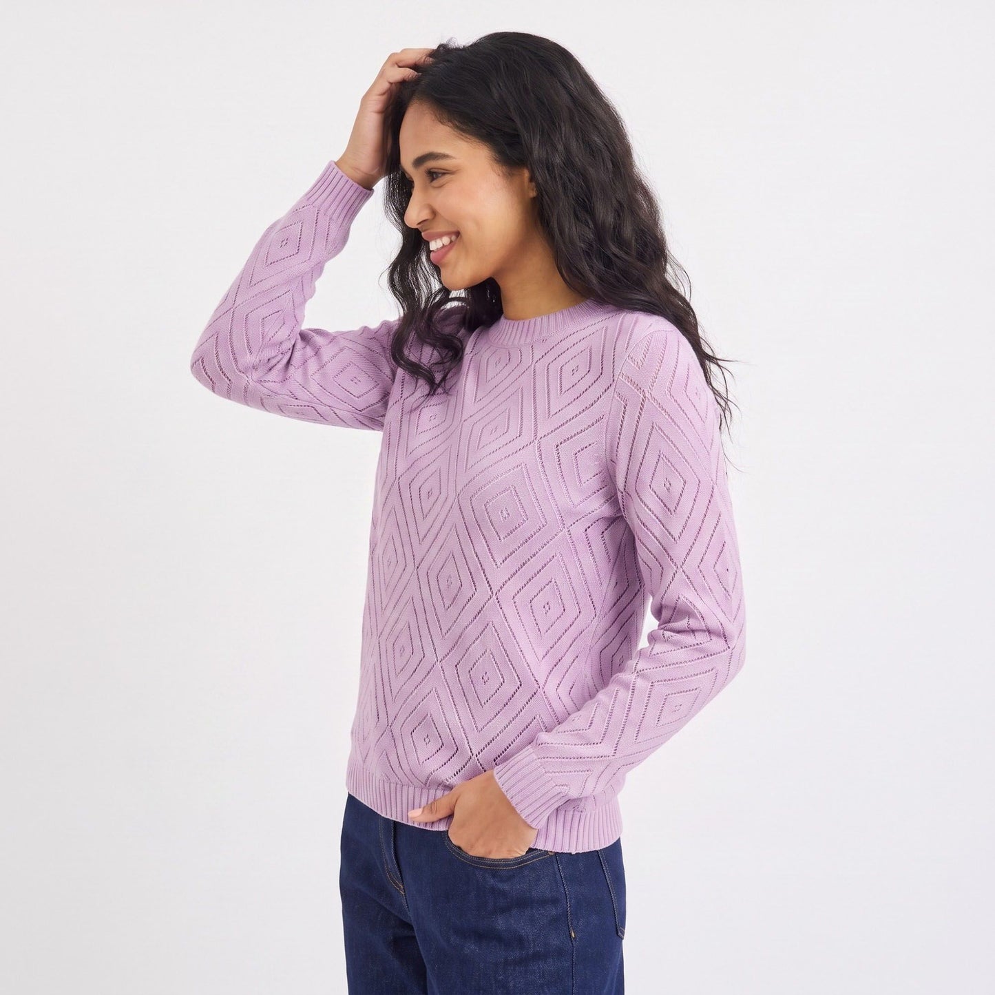 Diamond Pointelle Knit Long Sleeve Sweater