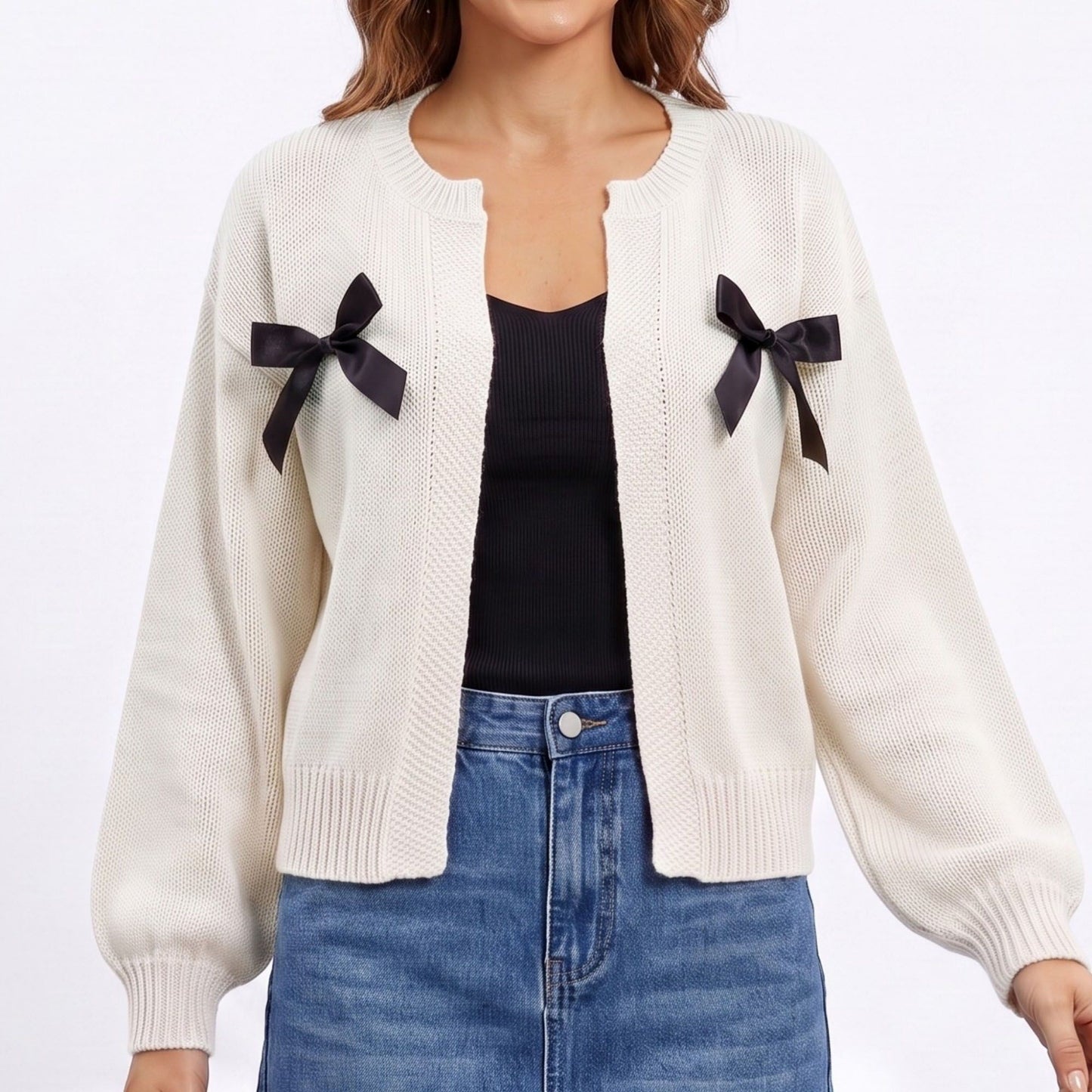 Bow Detail Open Front Knit Cardigan Sweater