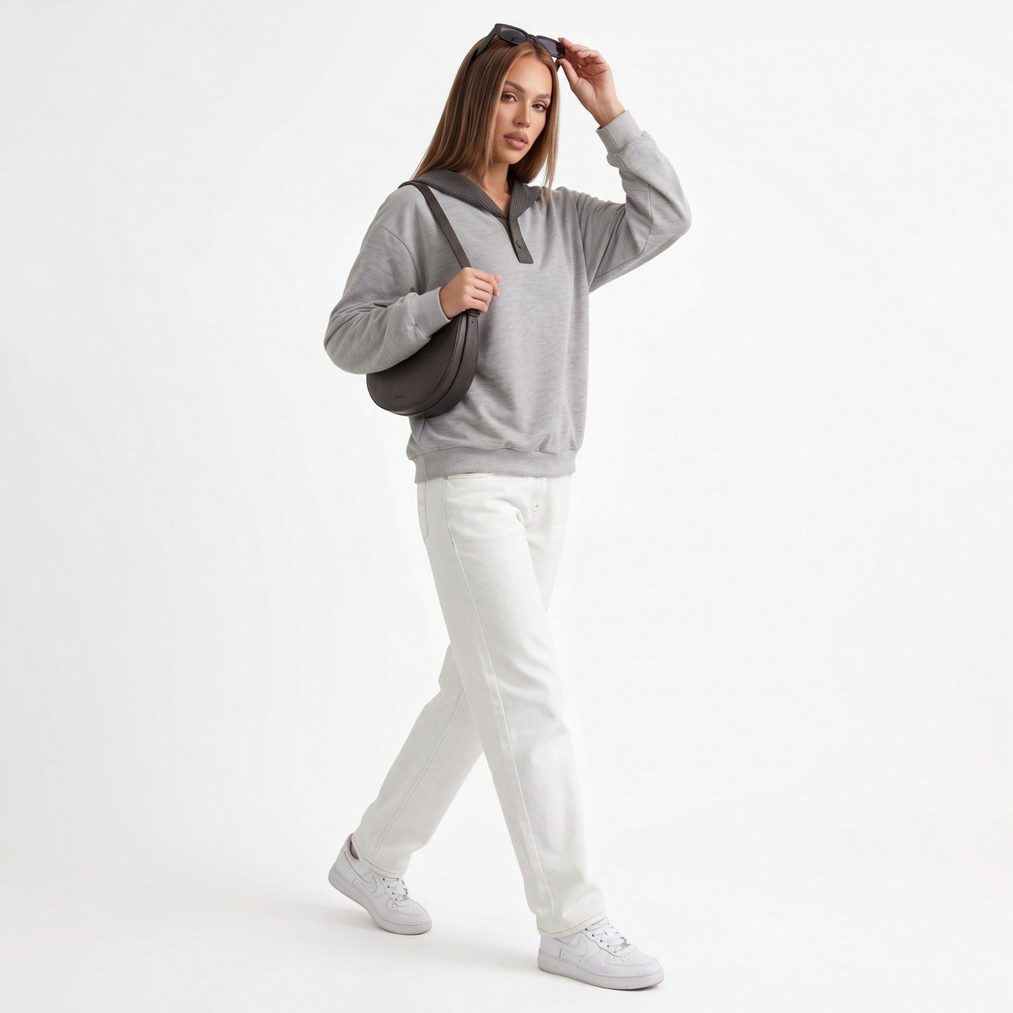 Contrast Collar Henley Long Sleeve Relaxed Pullover Sweatshirt