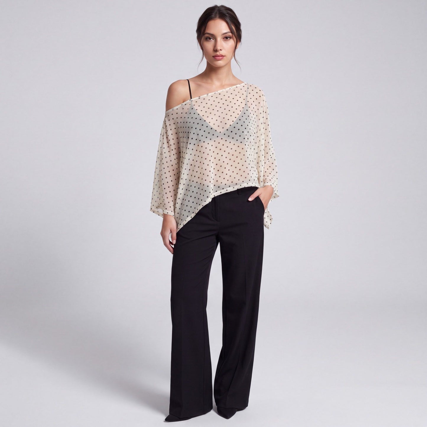 Sheer Polka Dot Asymmetrical Poncho Blouse with Off Shoulder Neckline Flowy Fit and Three Quarter Sleeves