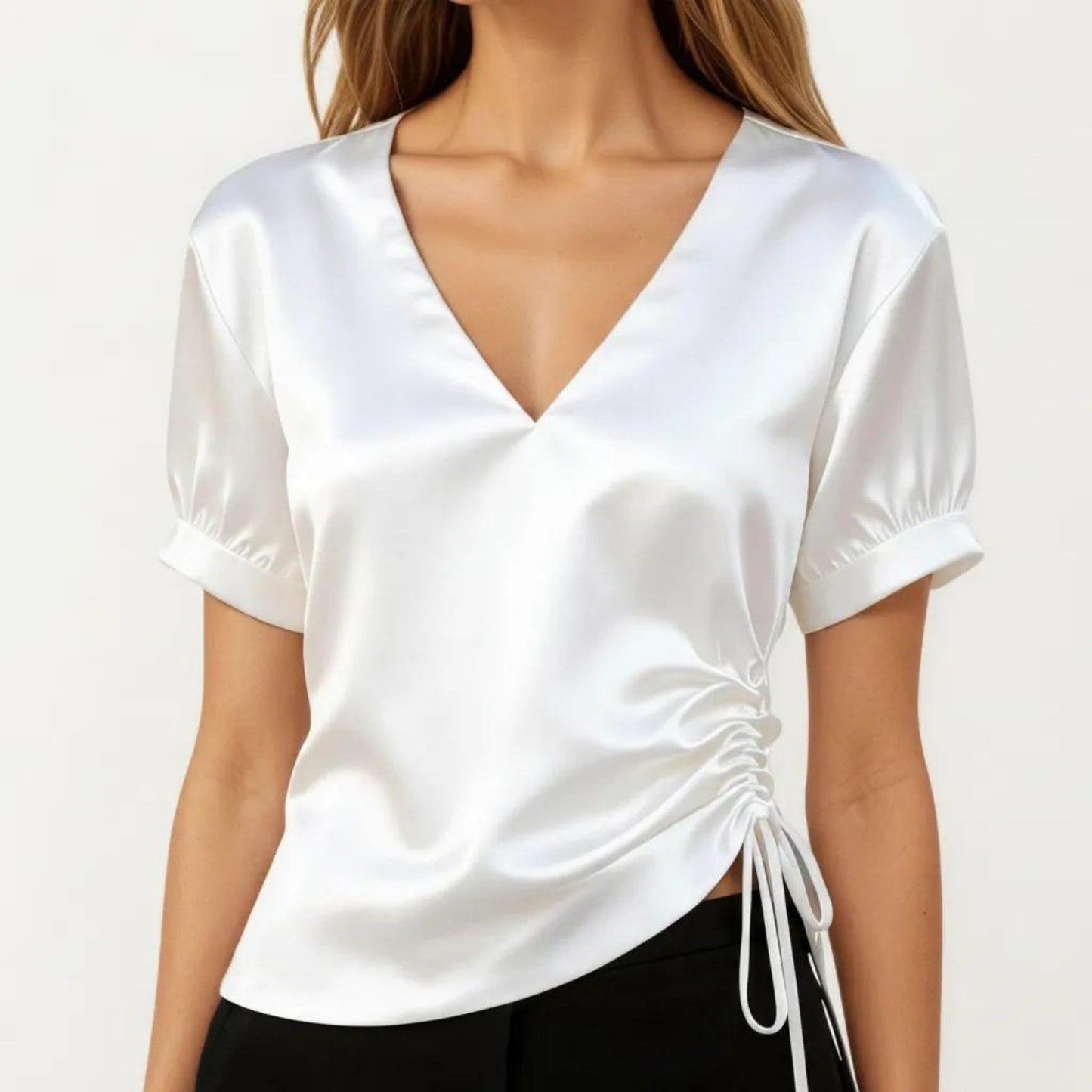 Satin V Neck Blouse with Puff Sleeves and Side Ruched Drawstring
