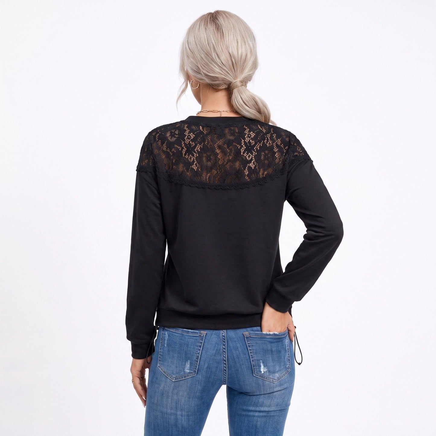 Lace Yoke Long Sleeve Top Crew Neck Relaxed Fit Pullover