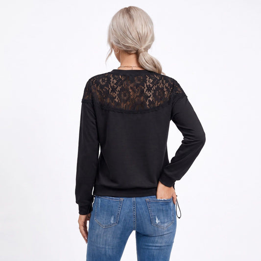 Lace Yoke Long Sleeve Top Crew Neck Relaxed Fit Pullover