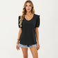 Short Puff Sleeve Top with Scoop Neck Textured Knit Relaxed Fit Casual Shirt