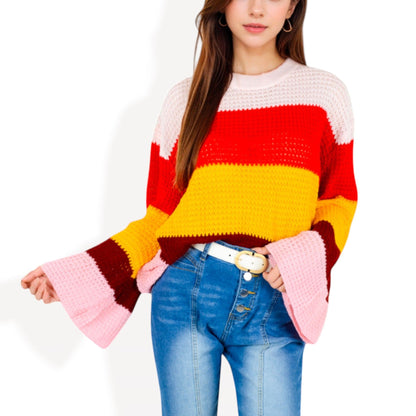 Striped Knit Sweater with Bell Sleeves and Colorful Details