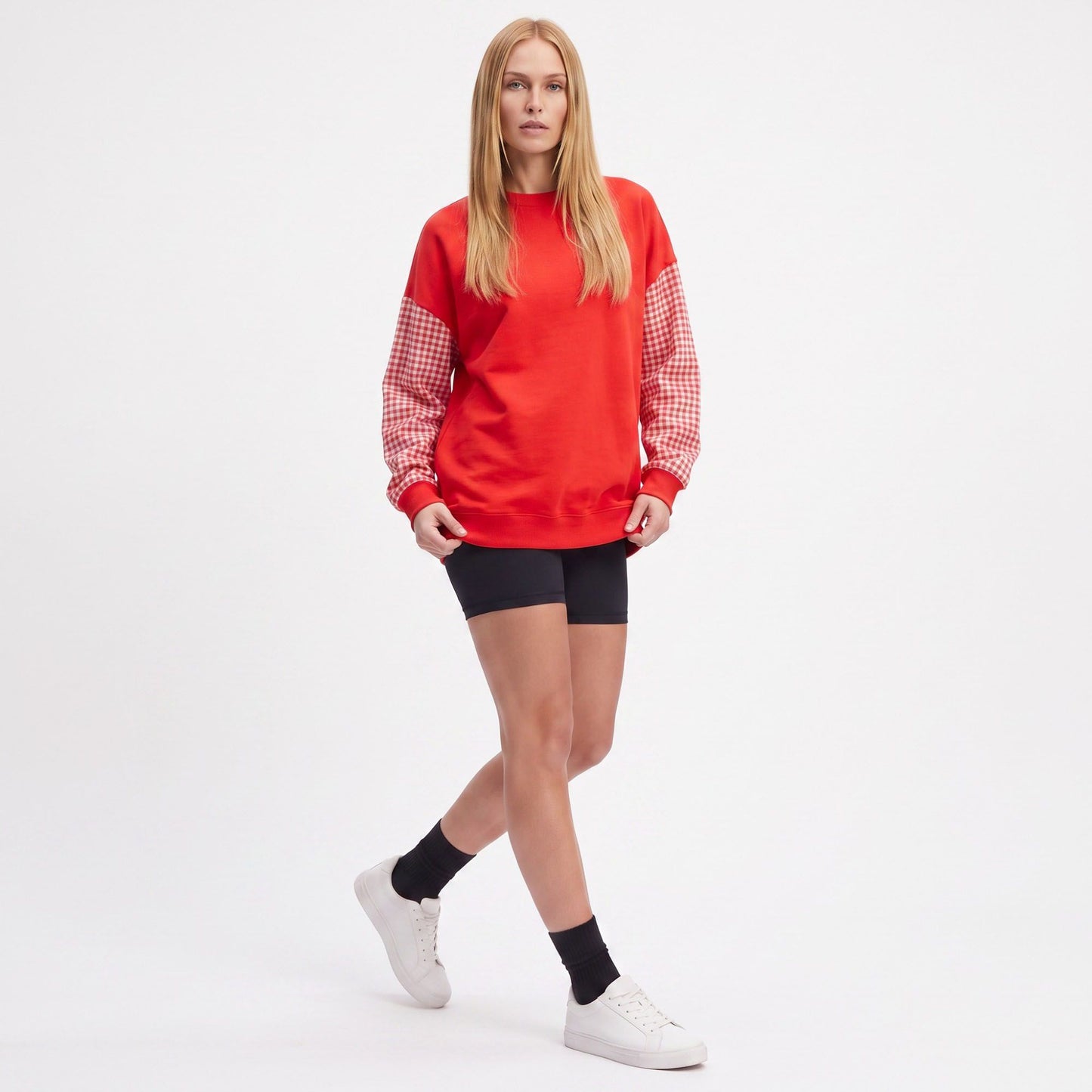 Plaid Sleeve Crew Neck Long Sleeve Pullover Sweatshirt