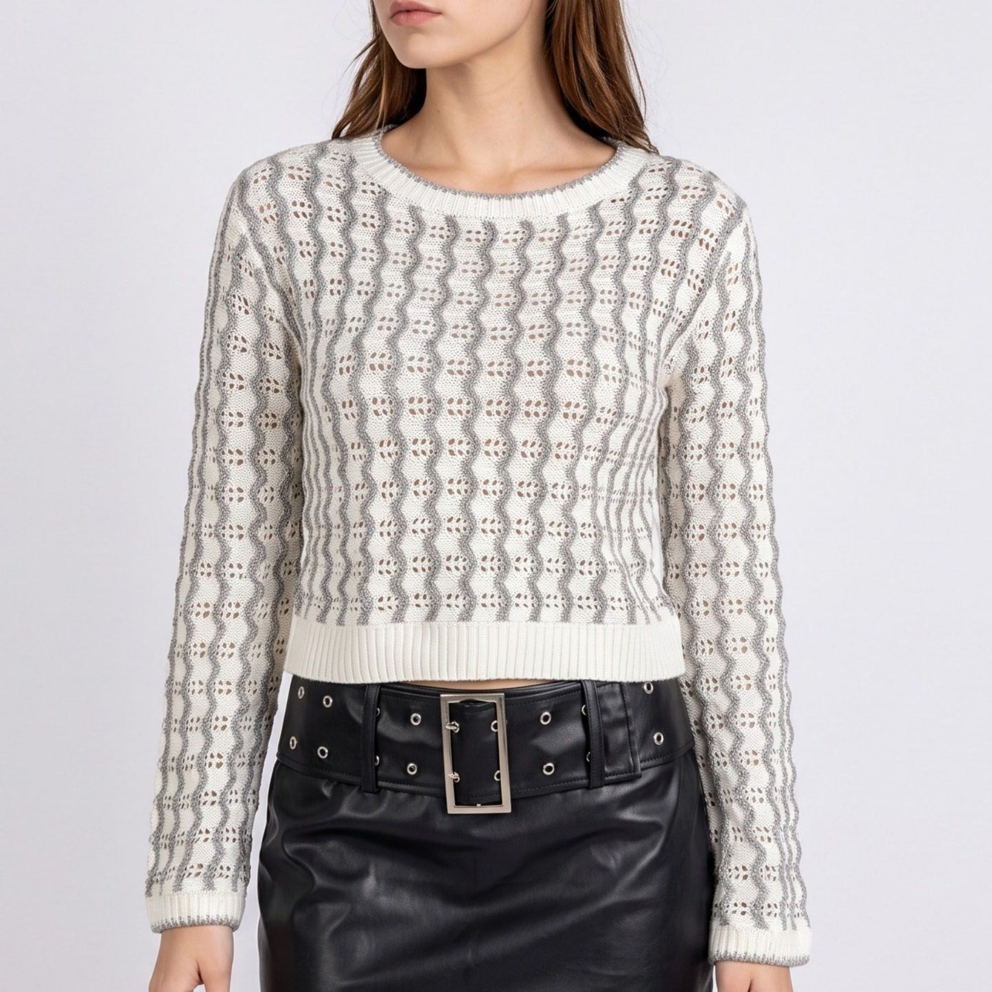 Wavy Stripe Pointelle Cropped Knit Sweater