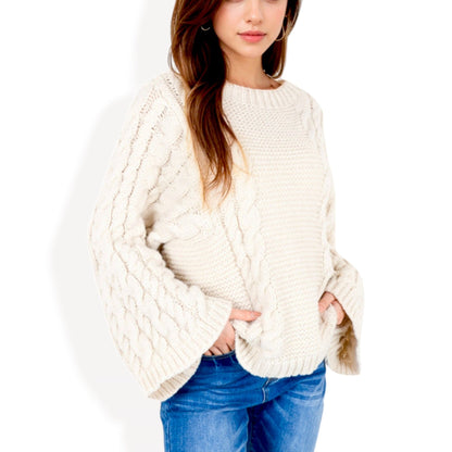 Cable Knit Sweater with Long Bell Sleeves