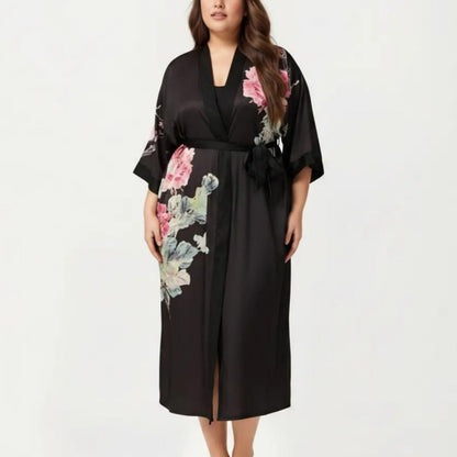 Plus Size 2-Piece Floral Kimono Robe Set with Short Sleeve Open Front Longline Cover Up and Matching Inner Dress
