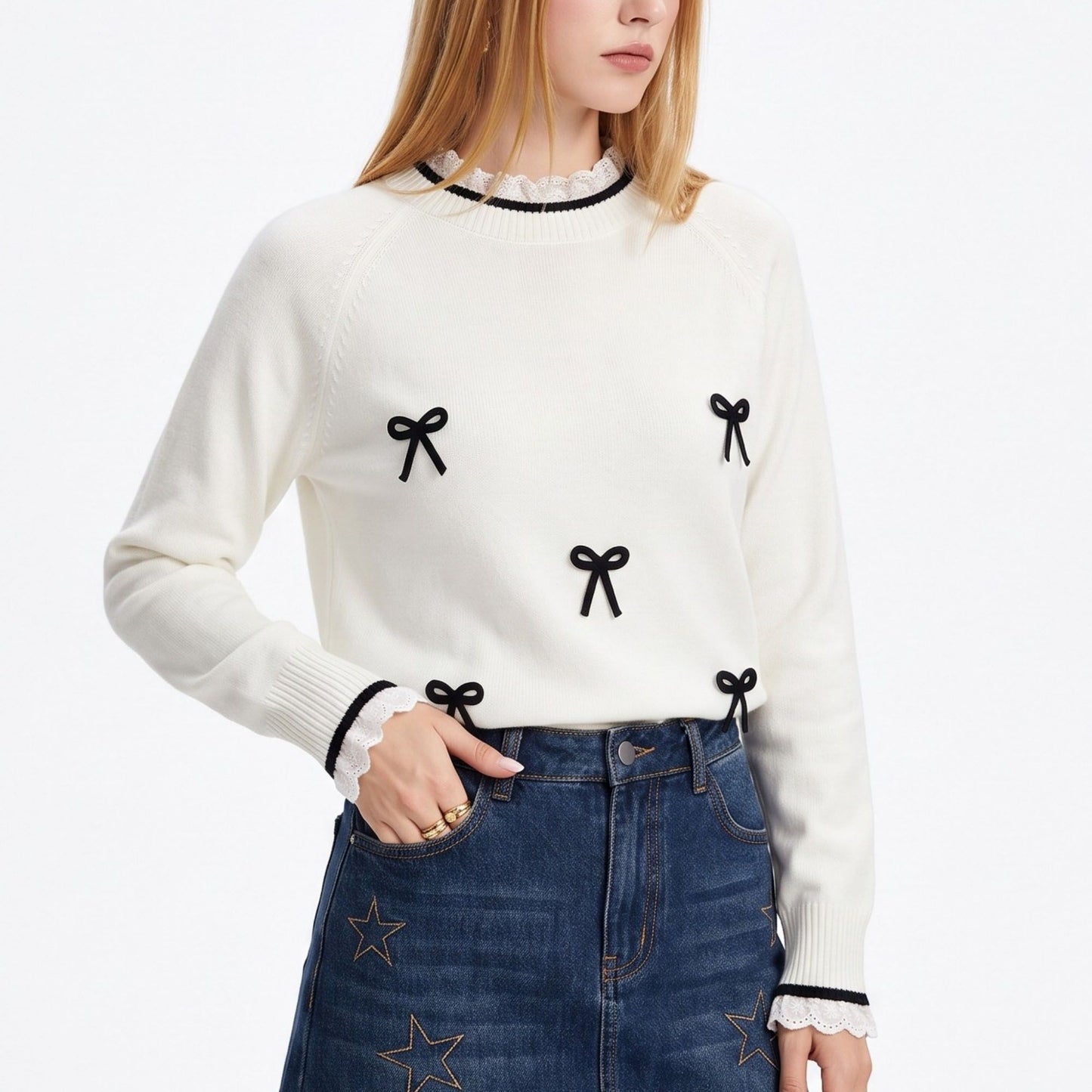 Bow Applique Crewneck Long Sleeve Sweater with Lace Trim