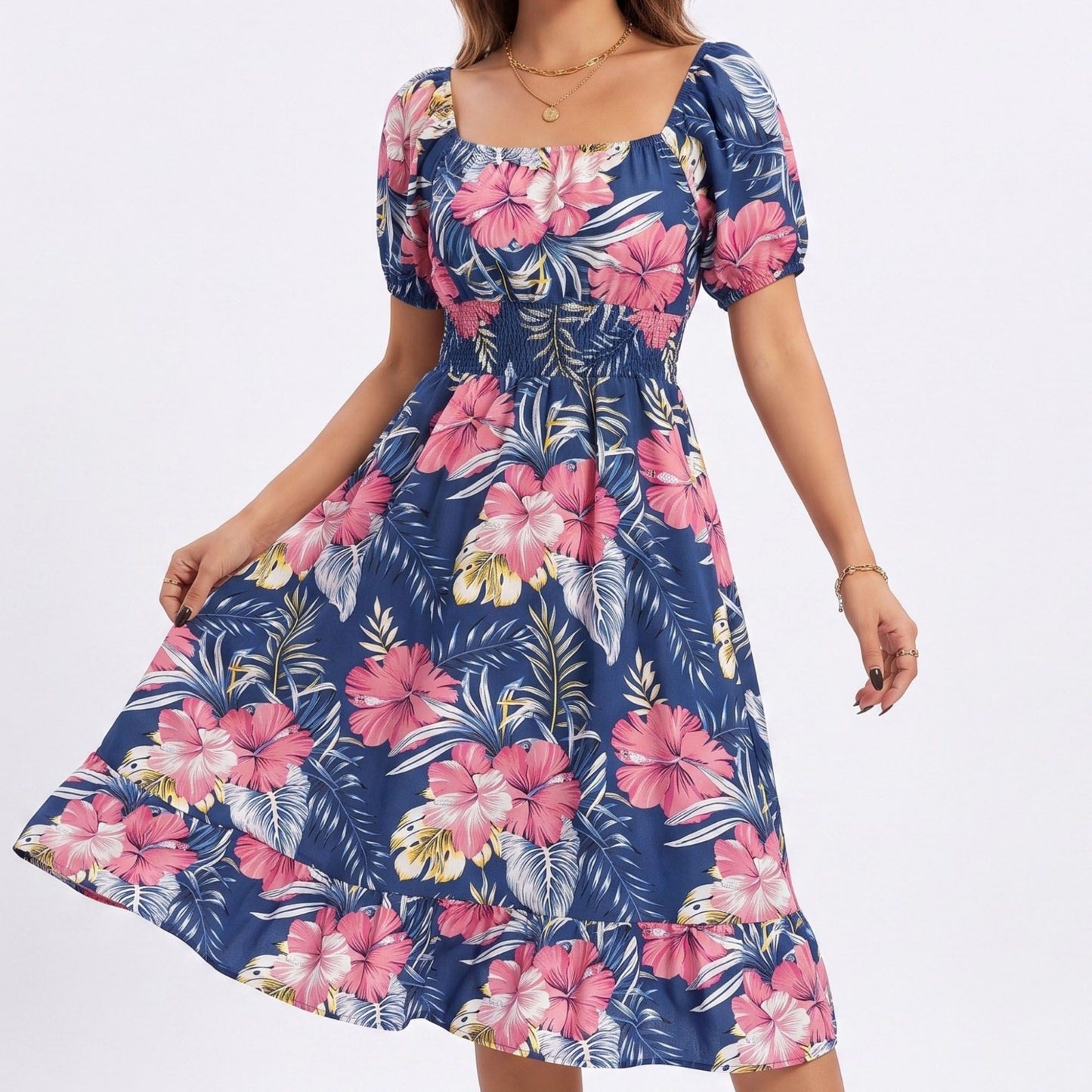 Tropical Floral Square Neck Smocked Waist Midi Dress