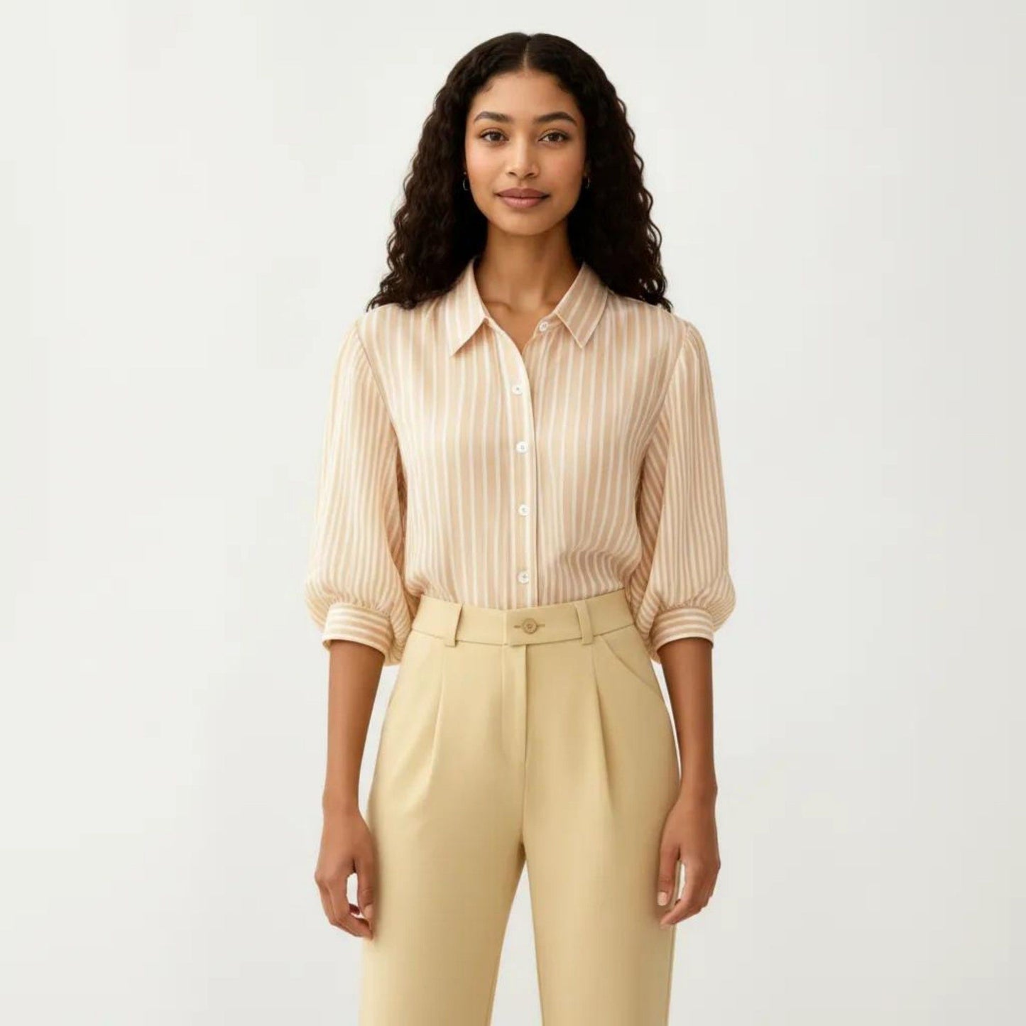 Striped Button Down Blouse with Collared Neckline and Puff Sleeves