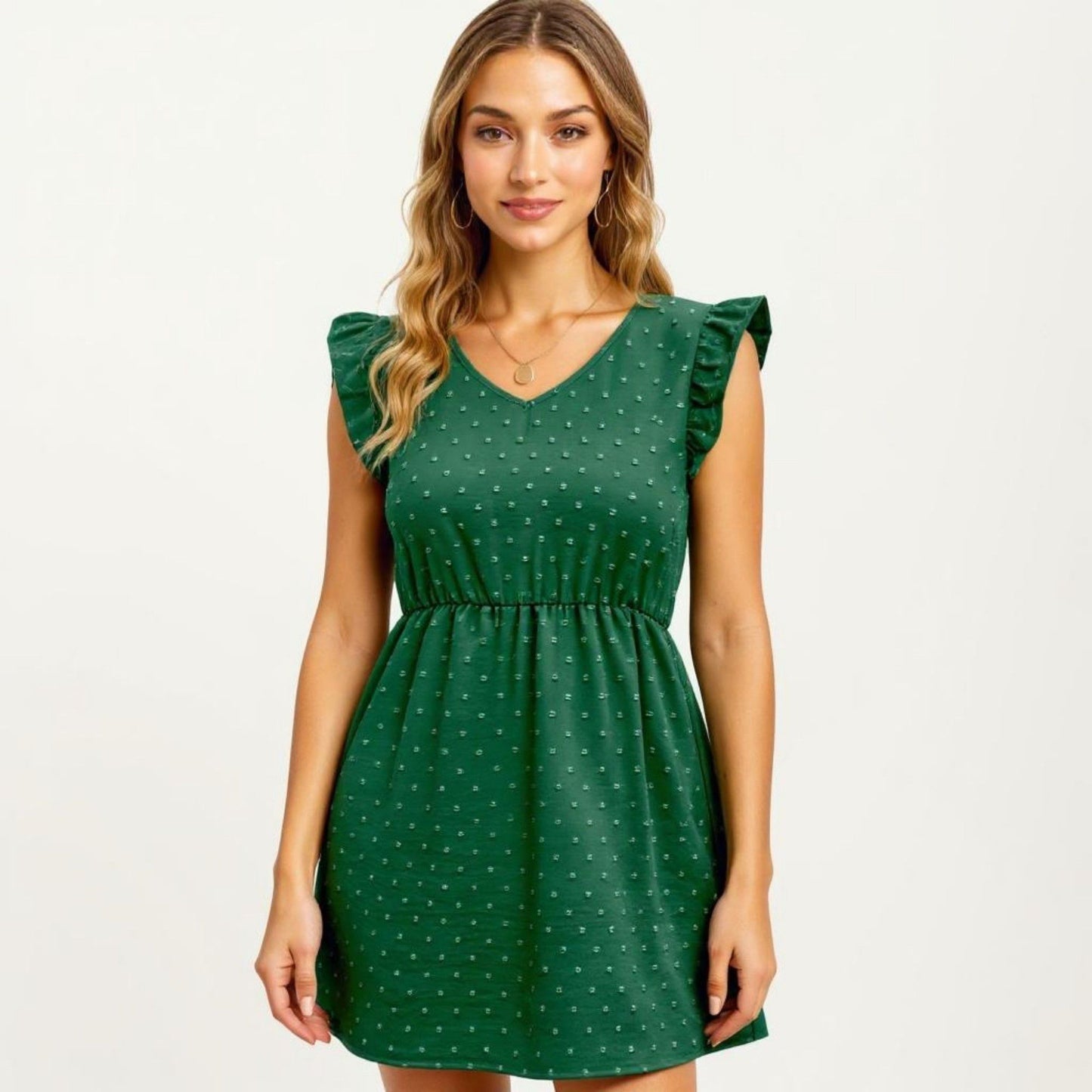 Swiss Dot Babydoll Dress with Ruffle Sleeves and V-Neckline
