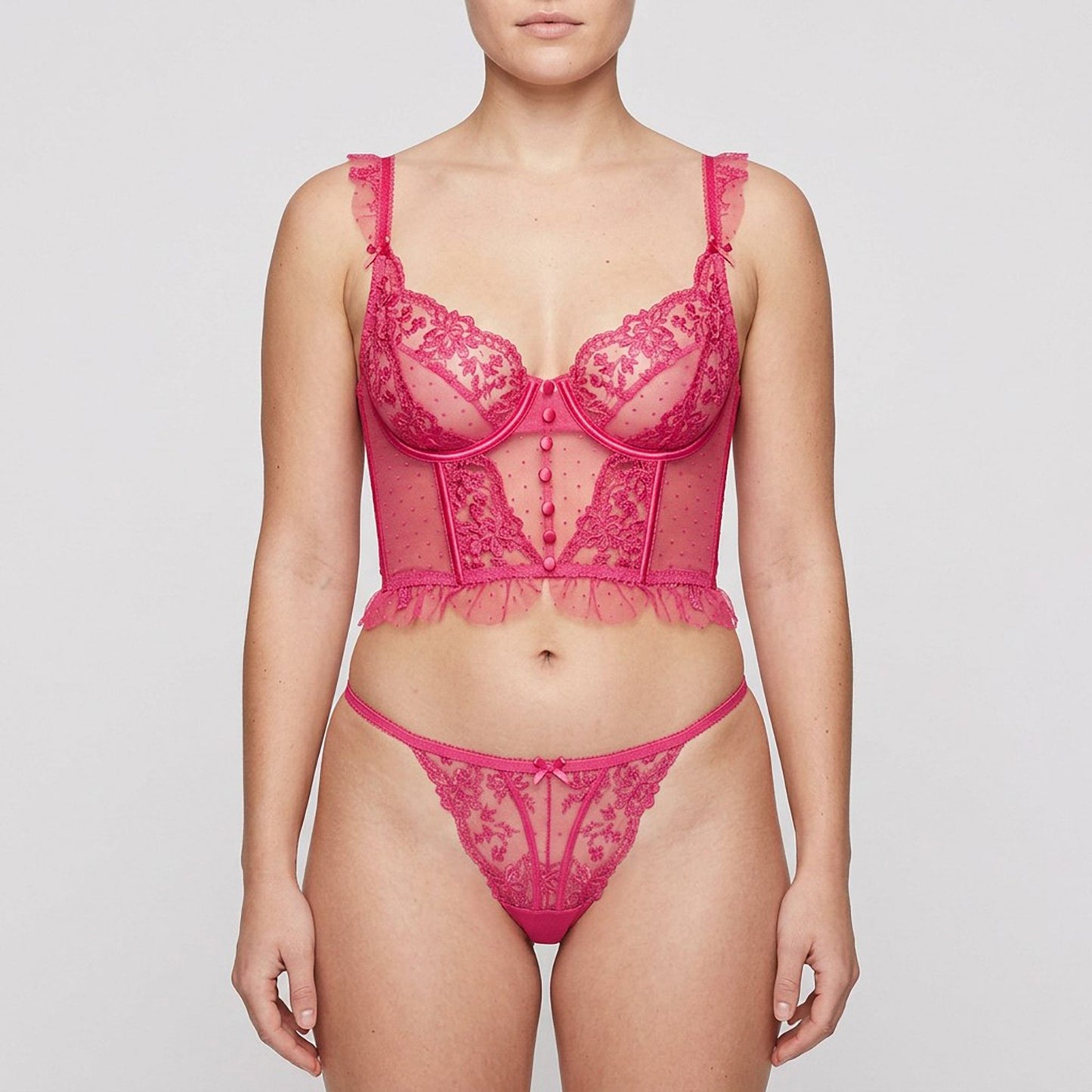 Floral Lace Mesh Underwire Bustier and Matching Panty Two Piece Lingerie Set