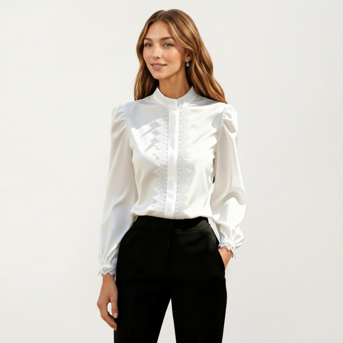 Long Sleeve Blouse with Lace Trim Front and Puff Sleeve Cuffs
