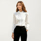 Long Sleeve Blouse with Lace Trim Front and Puff Sleeve Cuffs