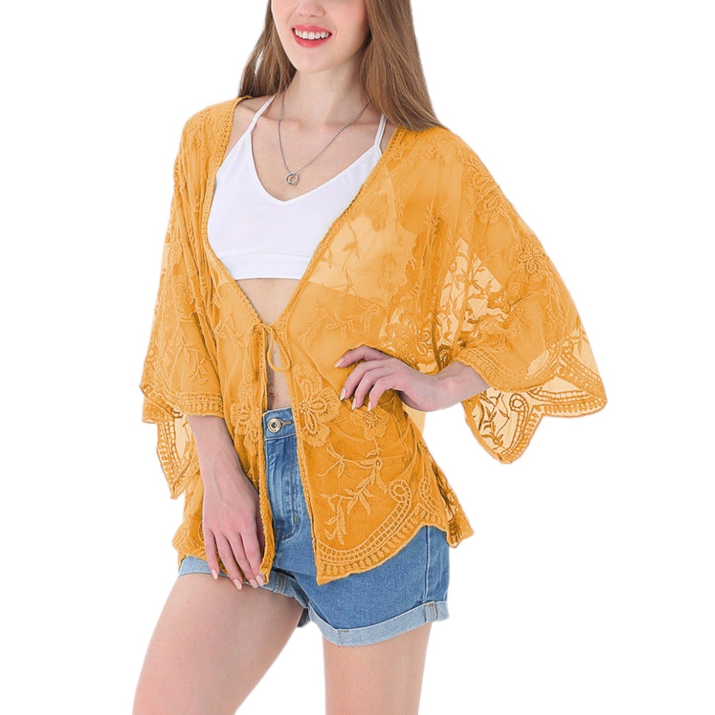 Short Embroidered Lace Duster Crop Cardigan Half Sleeves