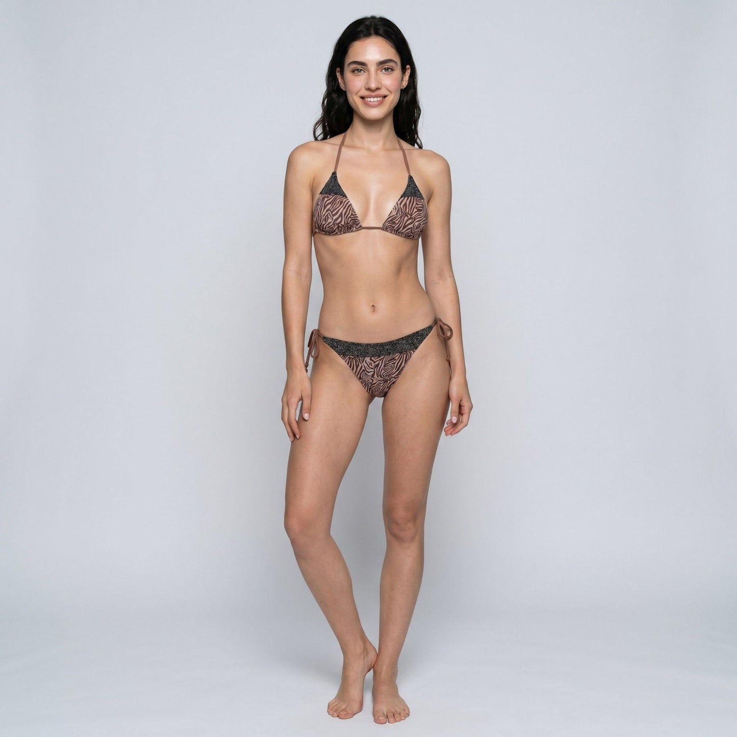 2-Piece Animal Print Triangle Bikini Swimsuit with Halter Tie Top Shimmer Trim and Side Tie Bottoms