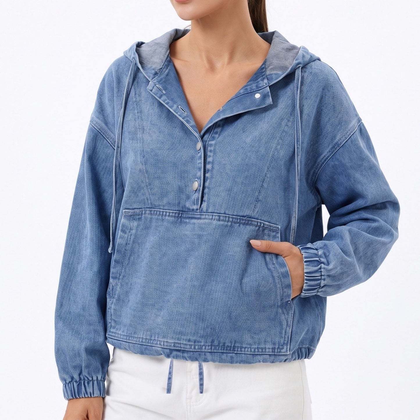 Washed Denim Hooded Pullover Jacket Long Sleeve Kangaroo Pocket Casual Outerwear