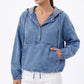 Washed Denim Hooded Pullover Jacket Long Sleeve Kangaroo Pocket Casual Outerwear