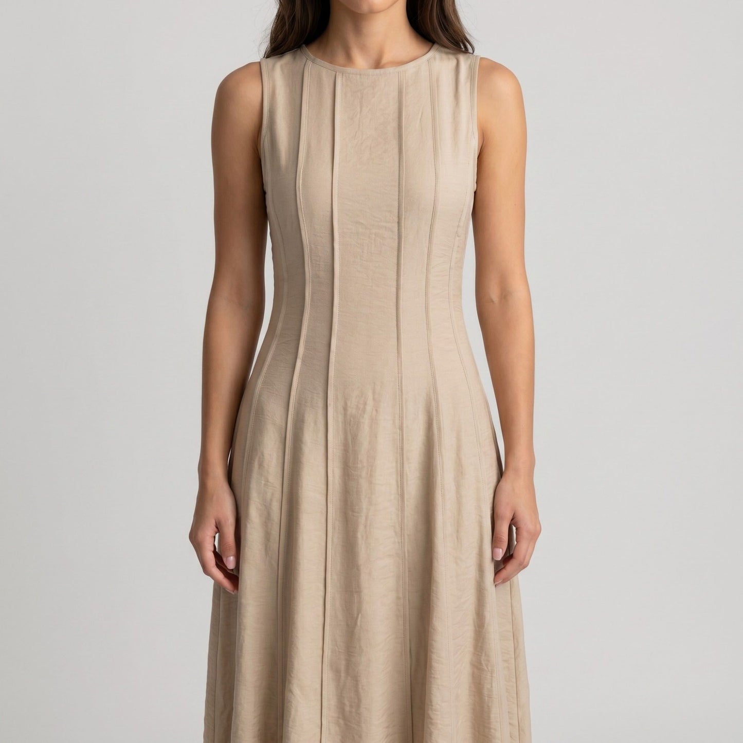 Sleeveless Round Neck Panel Seam Maxi Dress with Fitted Bodice Flowy A-Line Skirt and Soft Woven Drape
