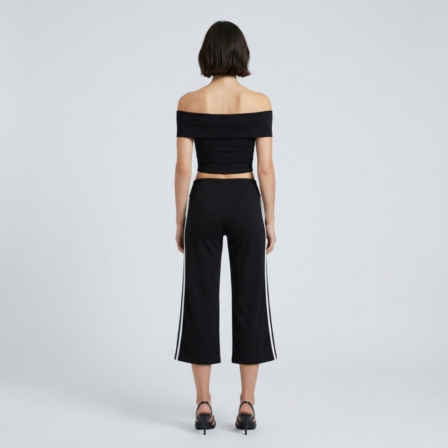 Crossover Waistband Side-Stripe Cropped Wide-Leg Trousers