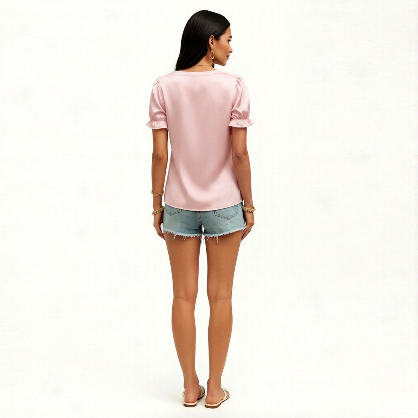 Satin Faux Pearl Neck Top with Puff Sleeves and Smooth Draped Finish