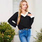 V-Neck Waffle Knit Long Sleeve Top Contrast Trim Relaxed Fit