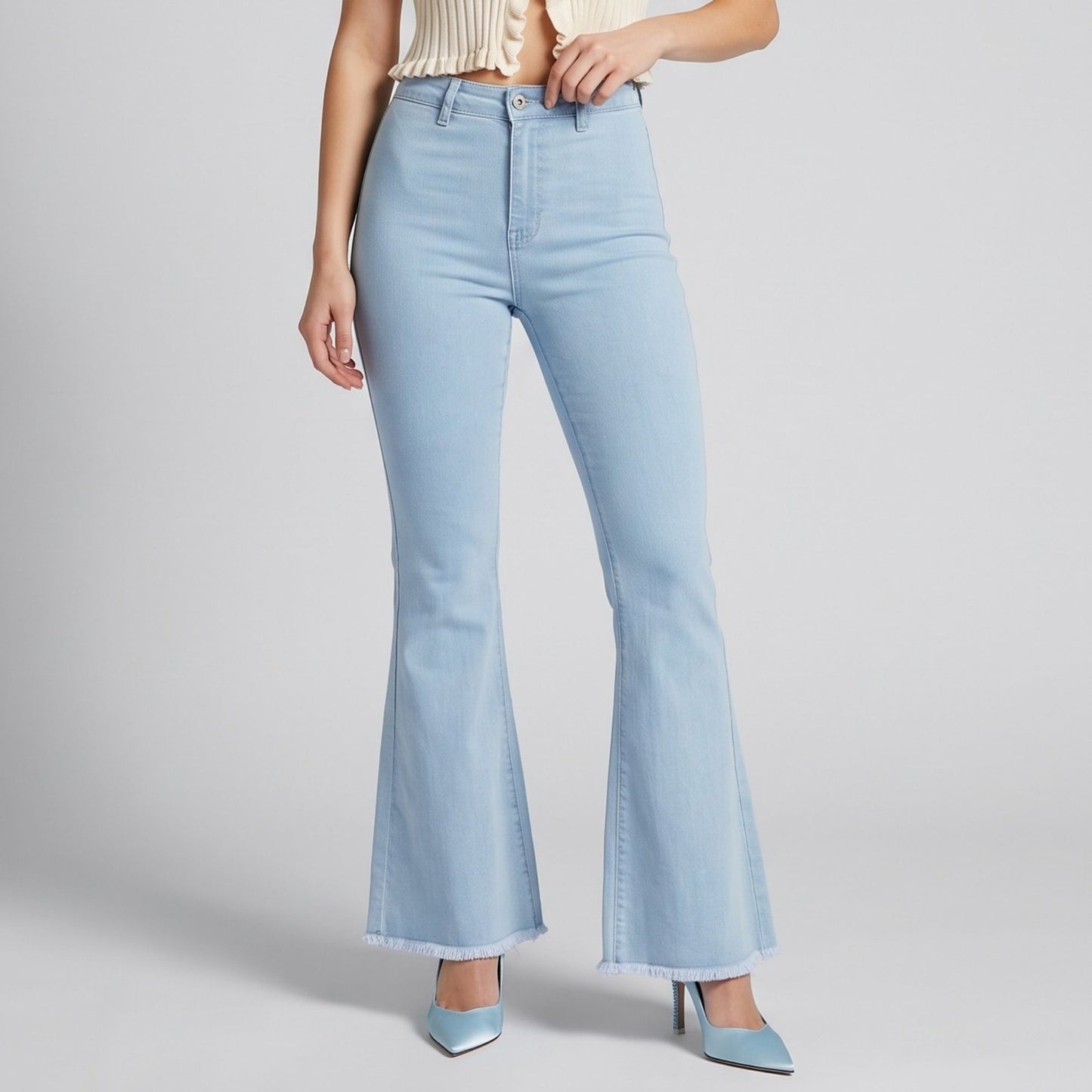 High Rise Flare Pants Button Front Stretch Wide Leg Hem Pants