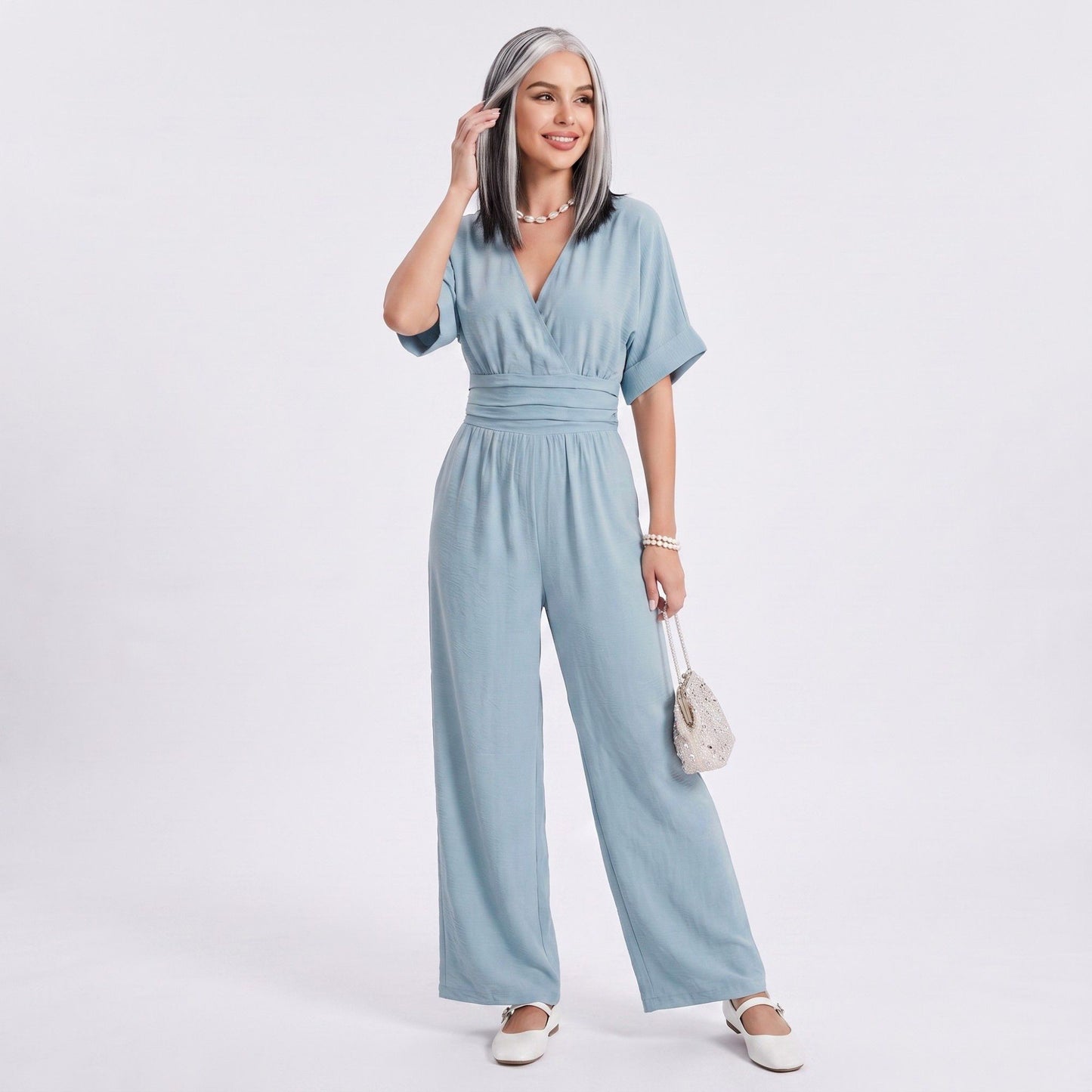 Surplice Jumpsuit Short Sleeve Wide Leg Tie Waist One Piece
