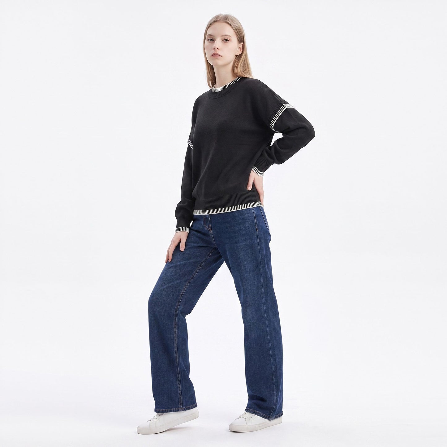 Contrast Stitch Crewneck Long Sleeve Knit Sweater