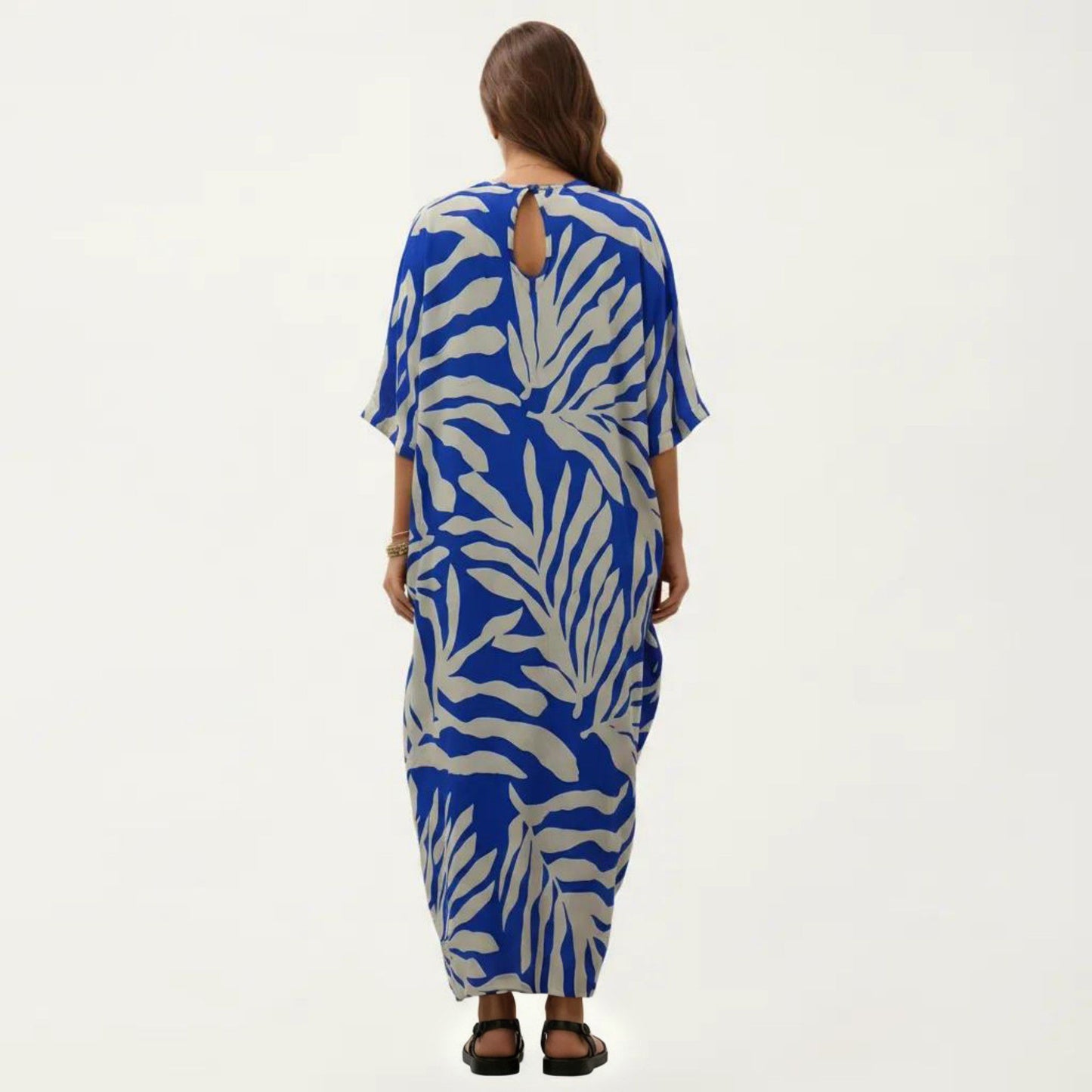 Tropical Leaf Print Kaftan Maxi Dress with V-Neckline and Flowy Oversized Silhouette