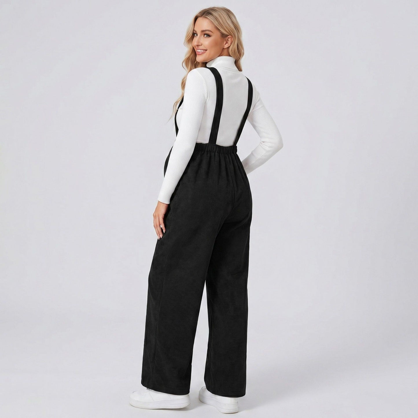 Maternity Corduroy Overall Jumpsuit with Adjustable Straps and Wide Leg Fit