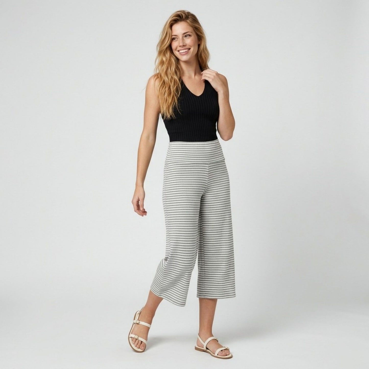 Foldover Waistband Striped Cropped Wide-Leg Trousers