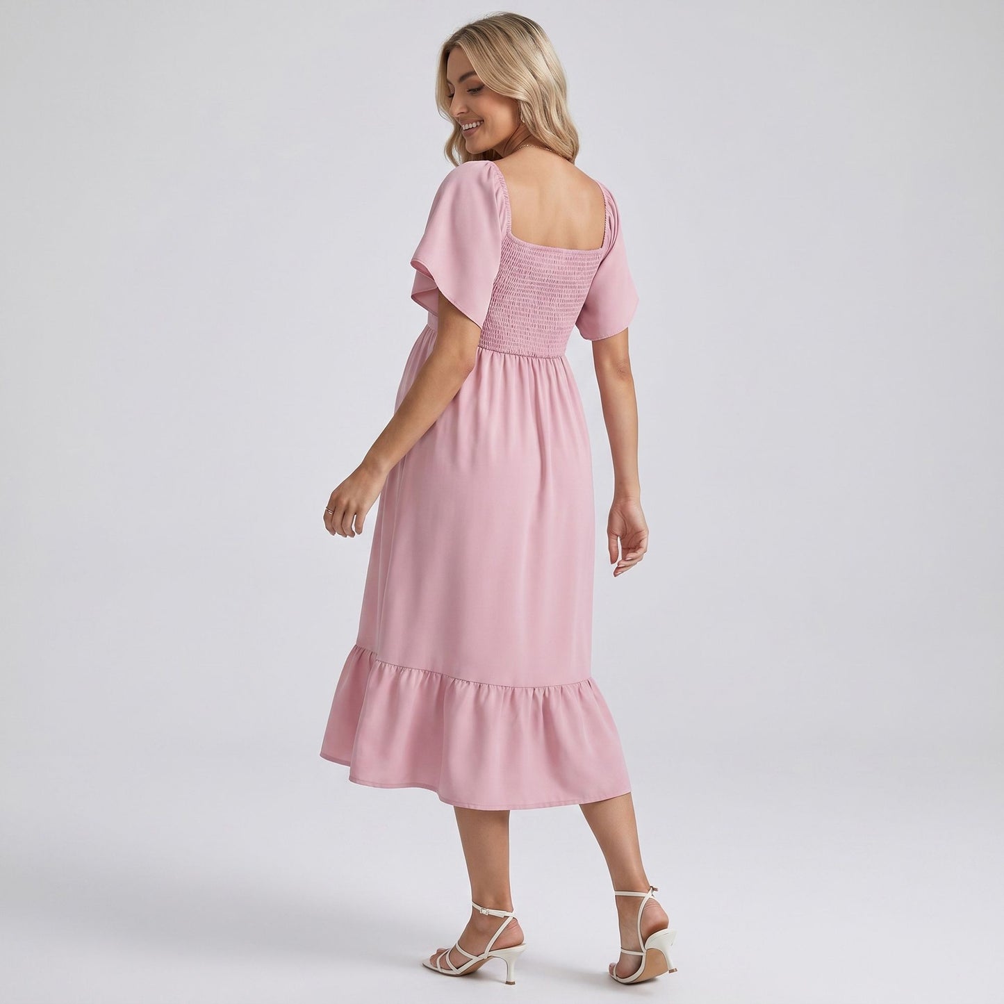 Maternity Off Shoulder Smocked Maxi Dress with Short Sleeves and Flowy Skirt