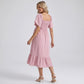 Maternity Off Shoulder Smocked Maxi Dress with Short Sleeves and Flowy Skirt