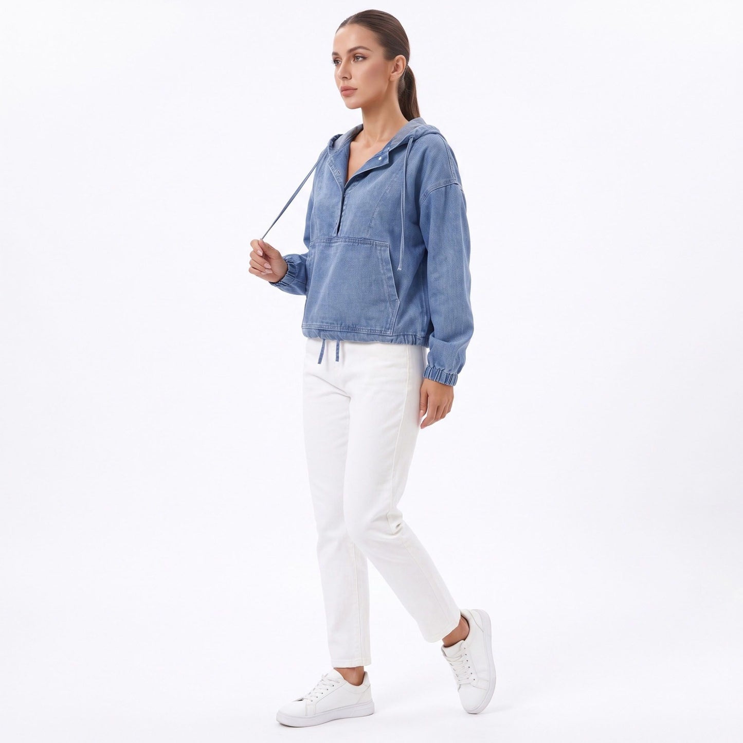 Washed Denim Hooded Pullover Jacket Long Sleeve Kangaroo Pocket Casual Outerwear