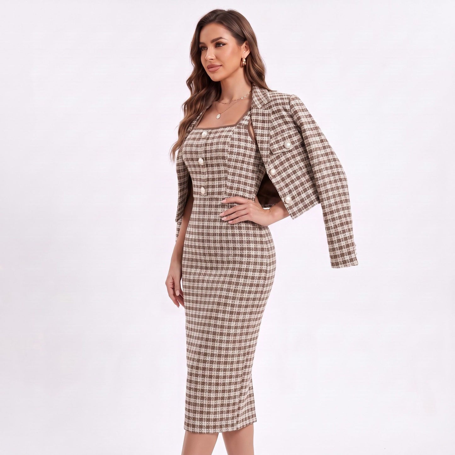 Houndstooth Cropped Blazer and Square Neck Midi Dress Two Piece Set